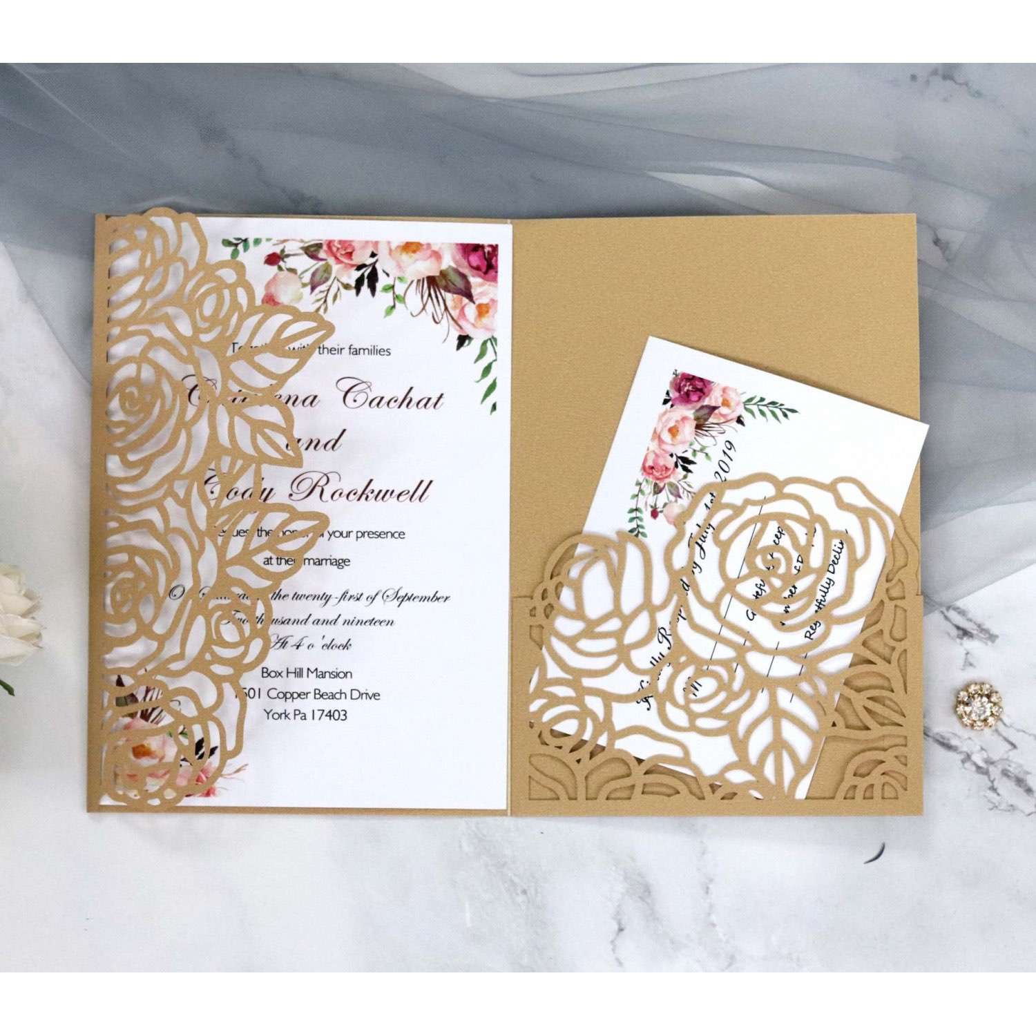 Pocket Invitation Laser Cut Rose Invitation Card Simple Style Business Invitation Card